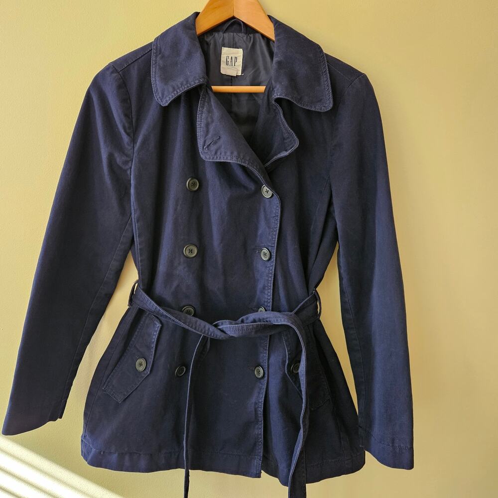 Gap Women's Trench Coat Size XS Blue Cotton Double Breasted Canvas Belt Classic